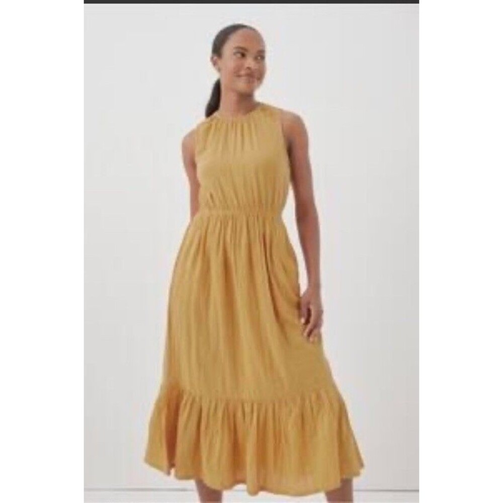 Pact Organic Cotton Mustard Yellow Gauze Midi Dress Sleeveless Tiered Boho Small